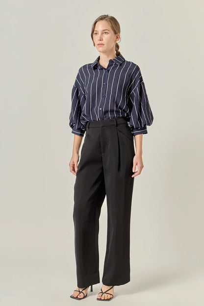 Stripe Balloon Sleeve Shirt - Navy/White