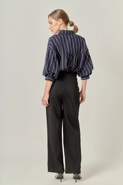 Stripe Balloon Sleeve Shirt - Navy/White
