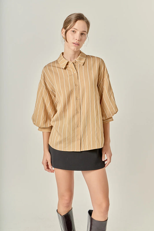 Stripe Balloon Sleeve Shirt - Tan/White