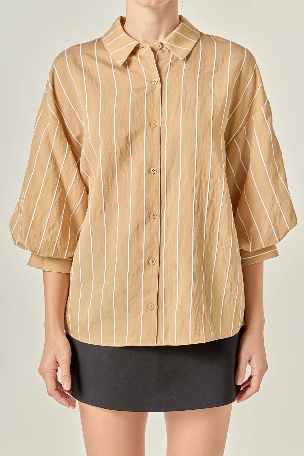Stripe Balloon Sleeve Shirt - Tan/White
