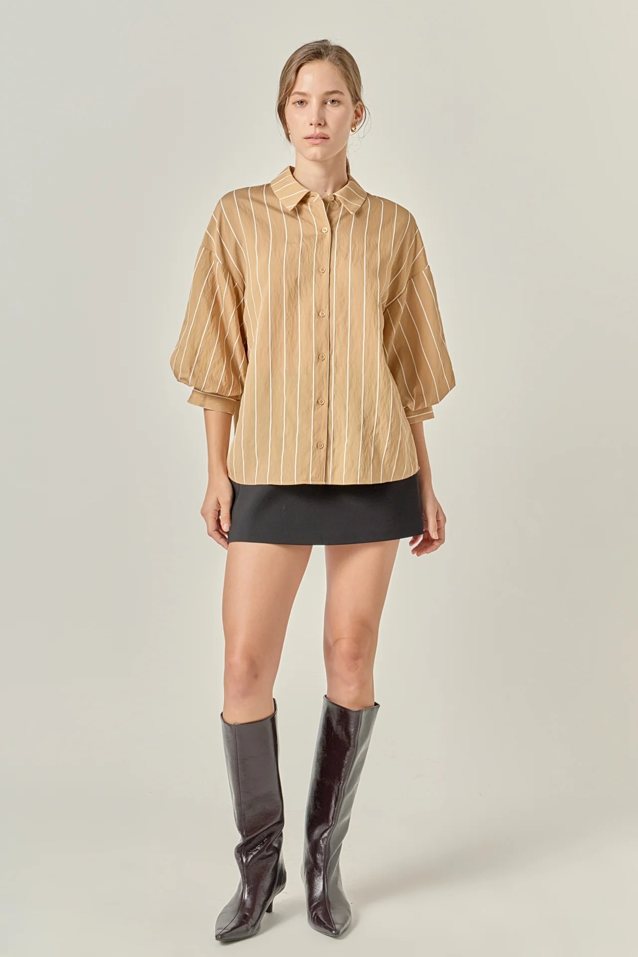 Stripe Balloon Sleeve Shirt - Tan/White