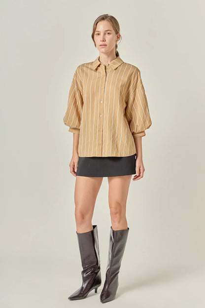 Stripe Balloon Sleeve Shirt - Tan/White