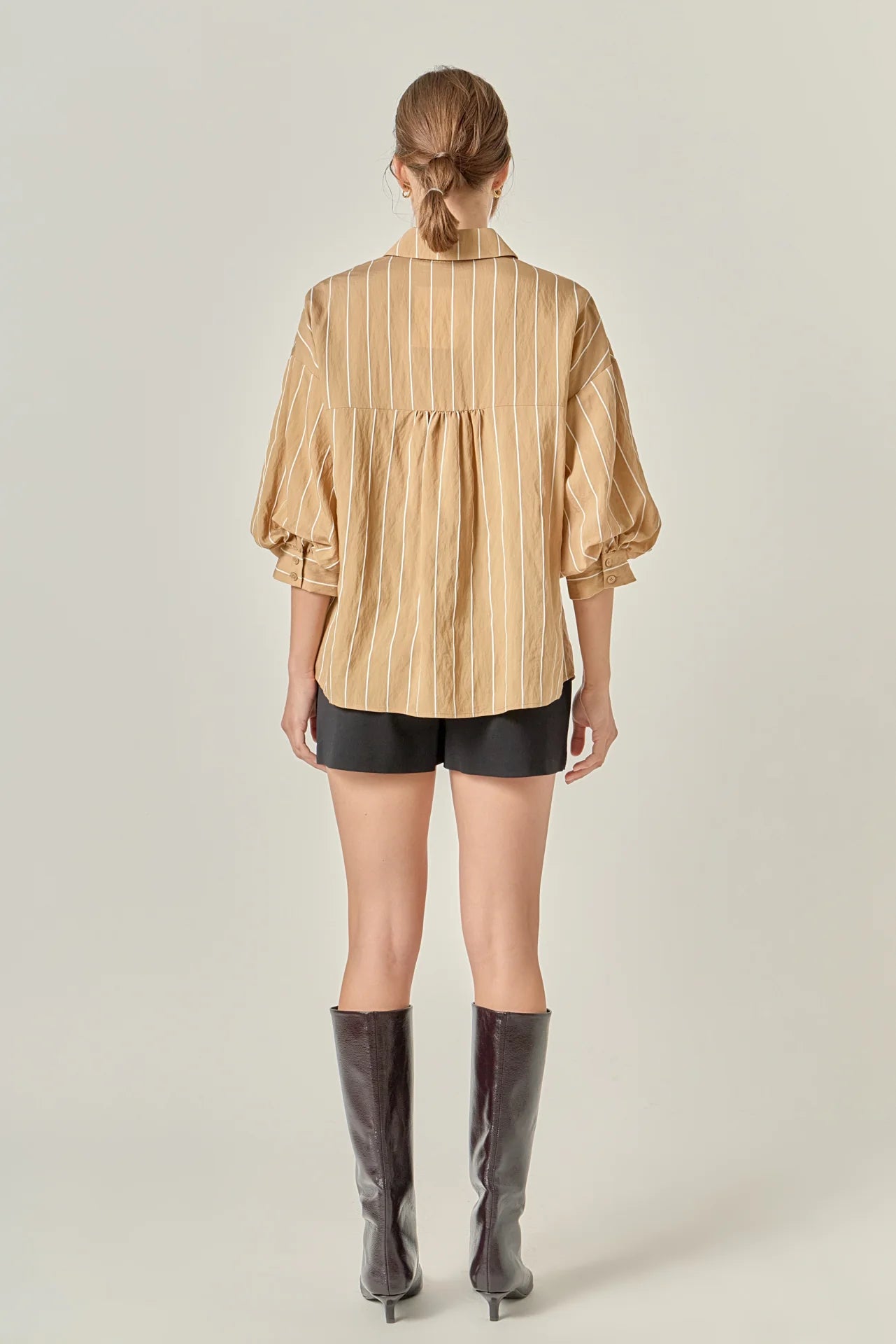 Stripe Balloon Sleeve Shirt - Tan/White