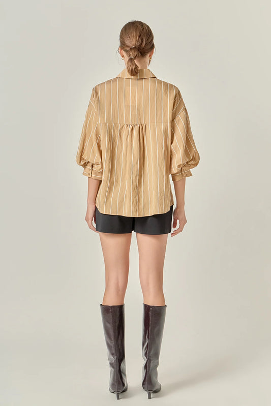 Stripe Balloon Sleeve Shirt - Tan/White