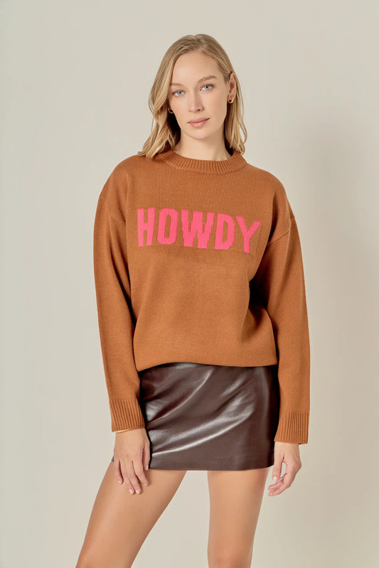 Crewneck Statement Sweater - Caramel/Pink