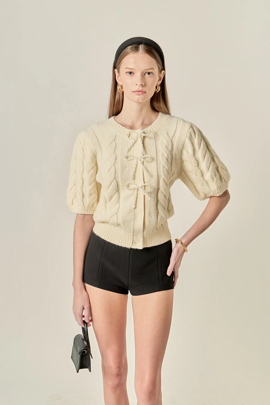 Pearl Bow Cable Knit Cardigan - Cream