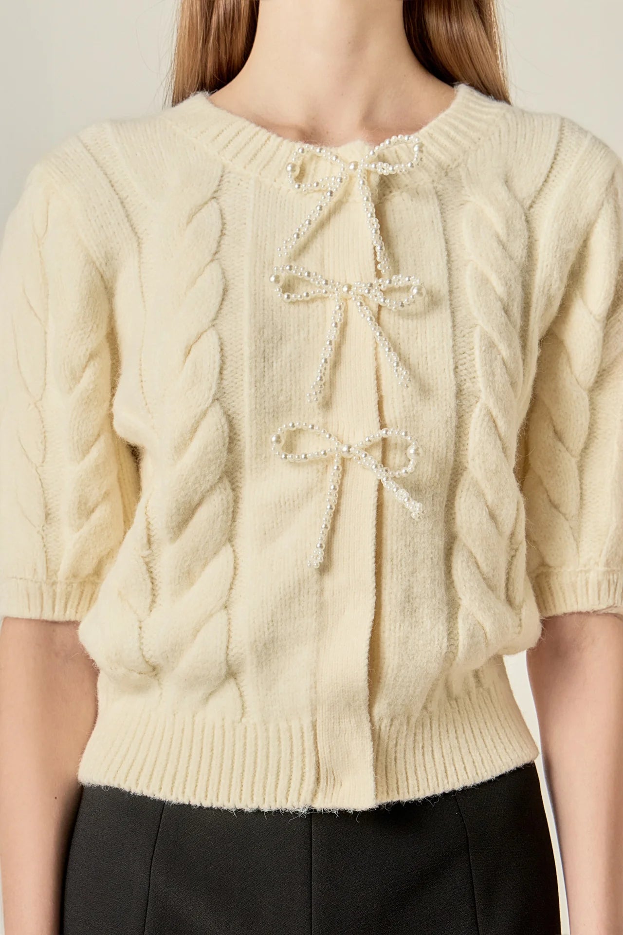 Pearl Bow Cable Knit Cardigan - Cream