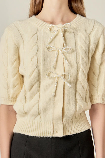 Pearl Bow Cable Knit Cardigan - Cream