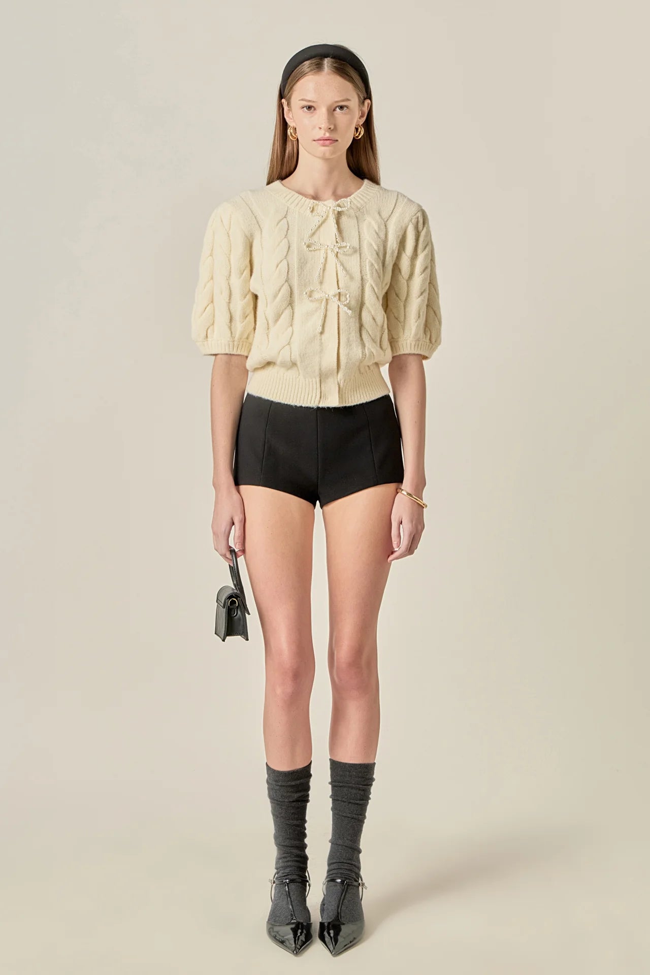 Pearl Bow Cable Knit Cardigan - Cream