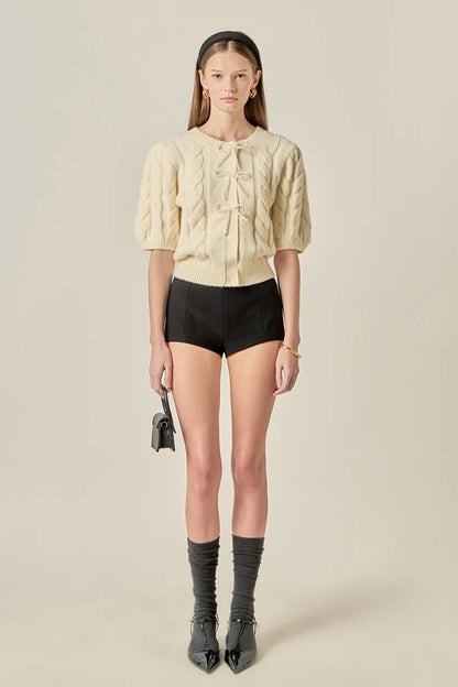 Pearl Bow Cable Knit Cardigan - Cream