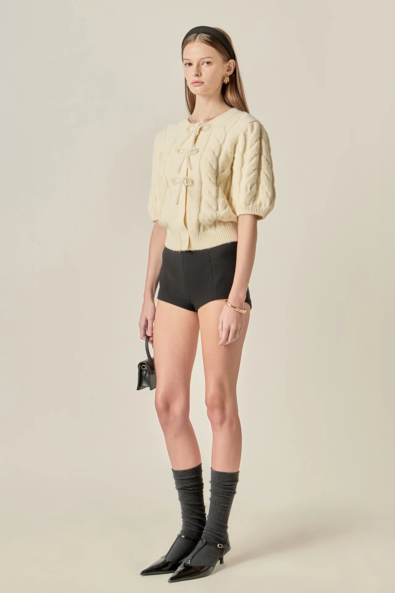 Pearl Bow Cable Knit Cardigan - Cream