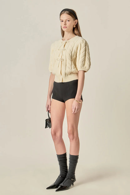 Pearl Bow Cable Knit Cardigan - Cream