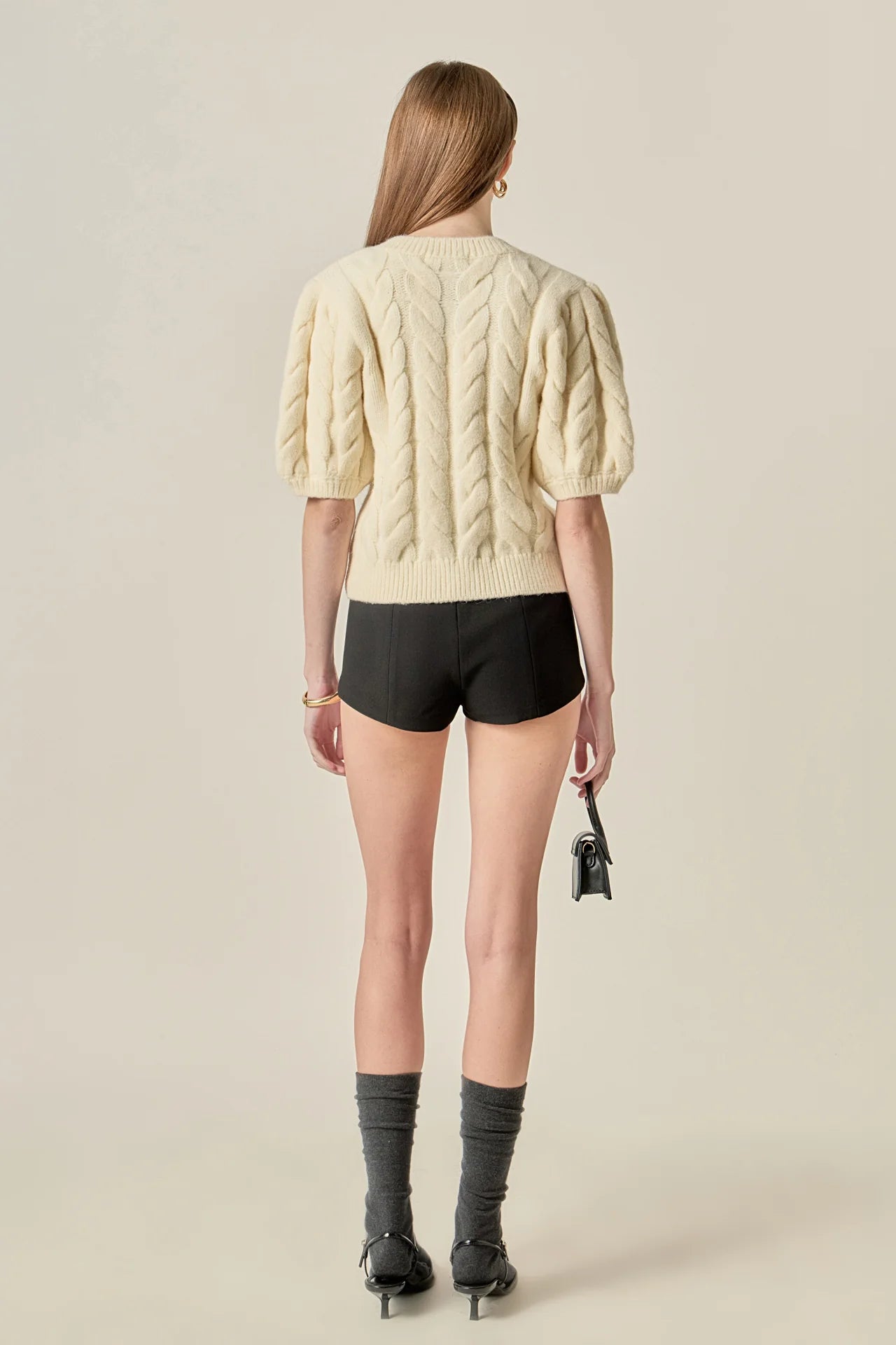 Pearl Bow Cable Knit Cardigan - Cream