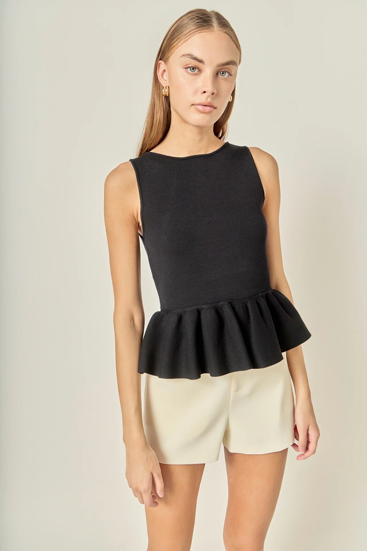 Peplum Sleeveless Knit Top - Black