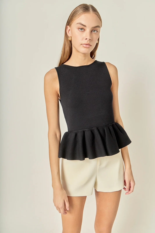 Peplum Sleeveless Knit Top - Black