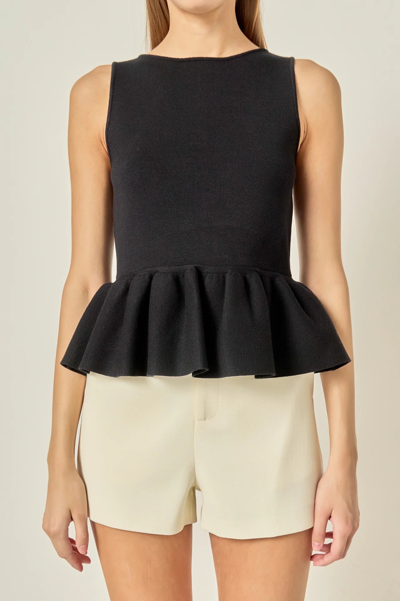 Peplum Sleeveless Knit Top - Black