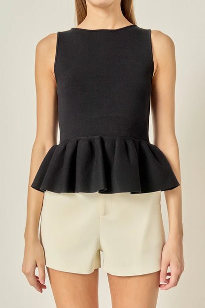 Peplum Sleeveless Knit Top - Black
