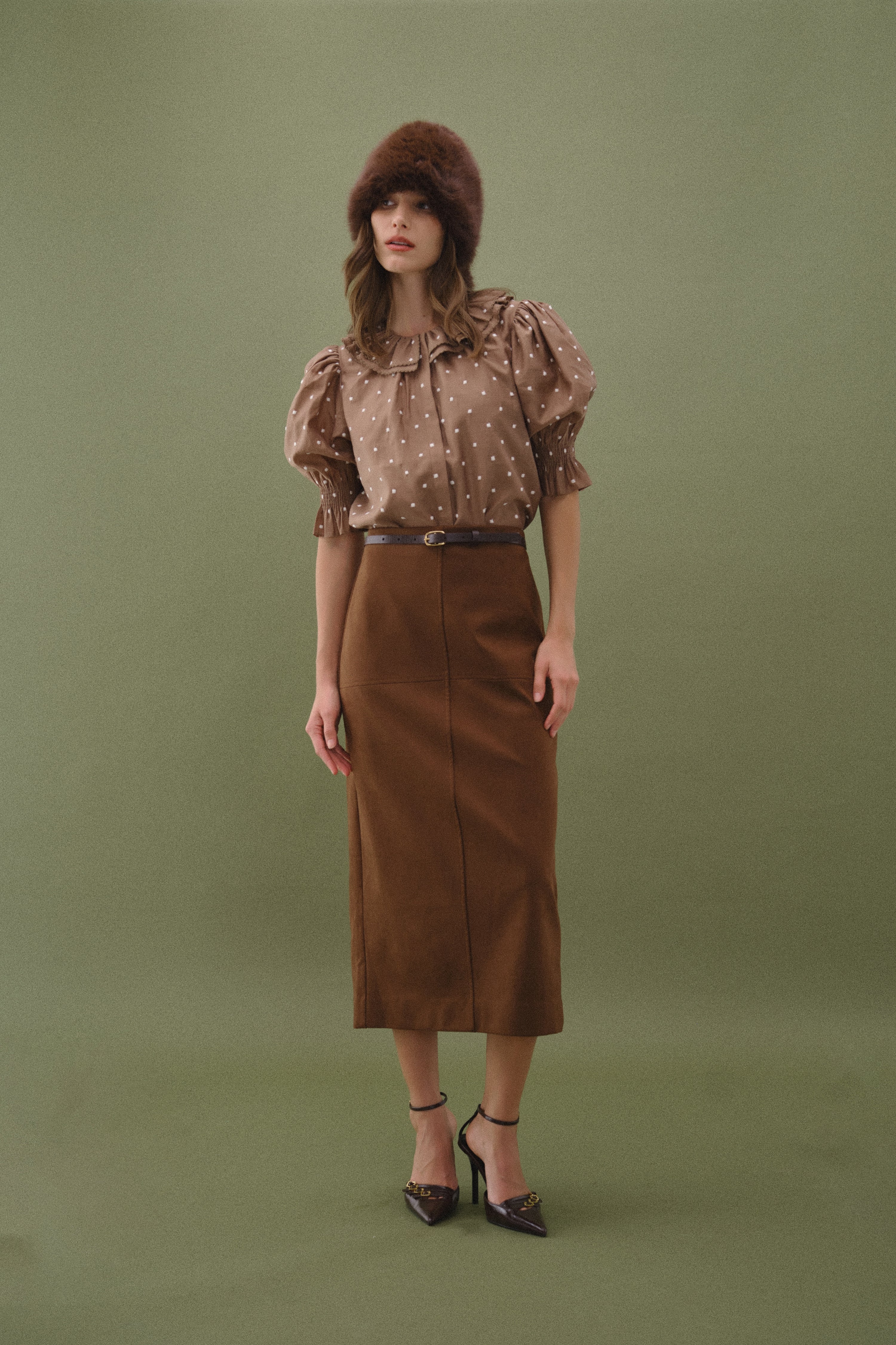 Ruffle Neck Swiss Dot Blouse - Off White/Brown