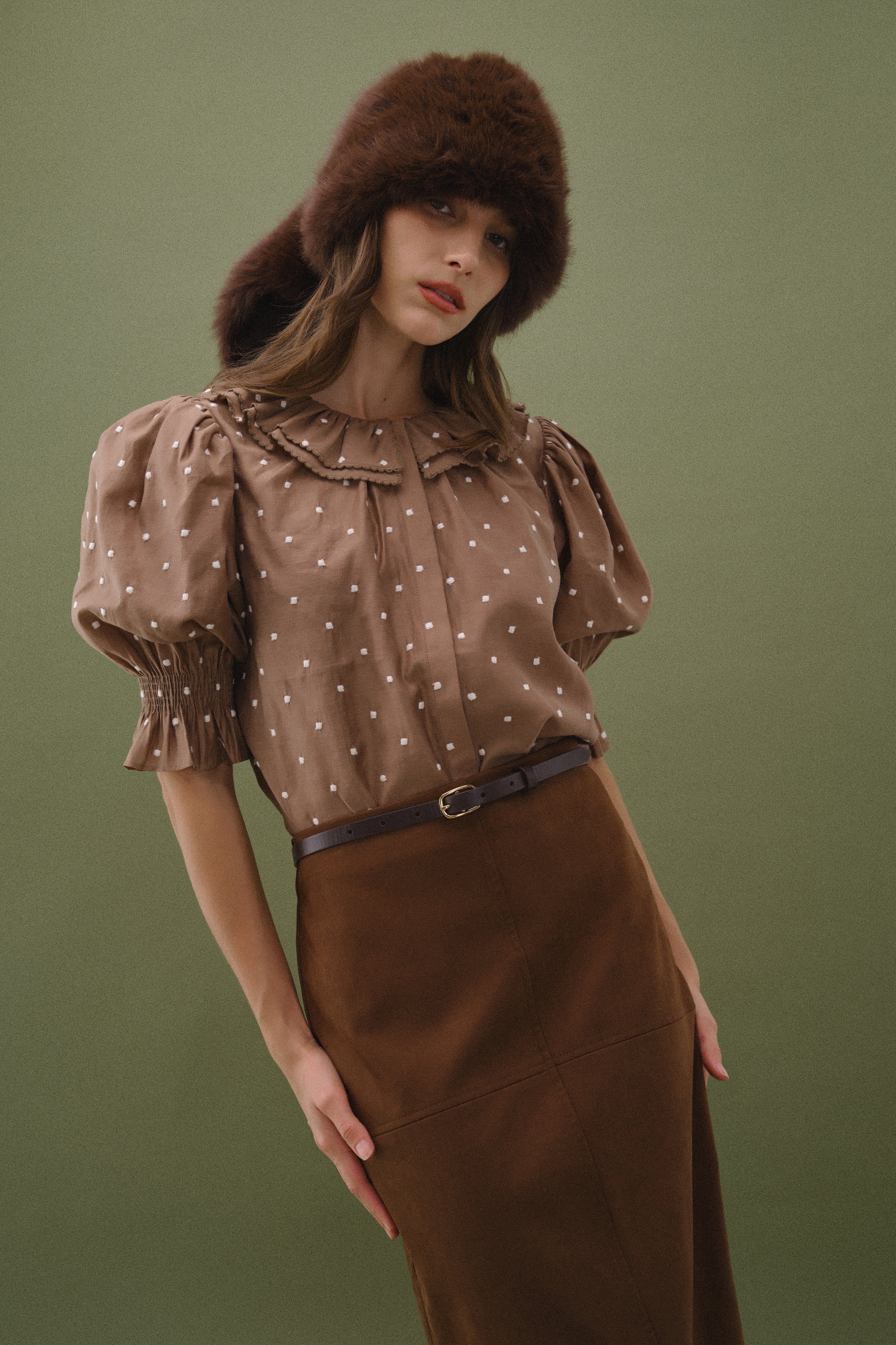 Ruffle Neck Swiss Dot Blouse - Off White/Brown