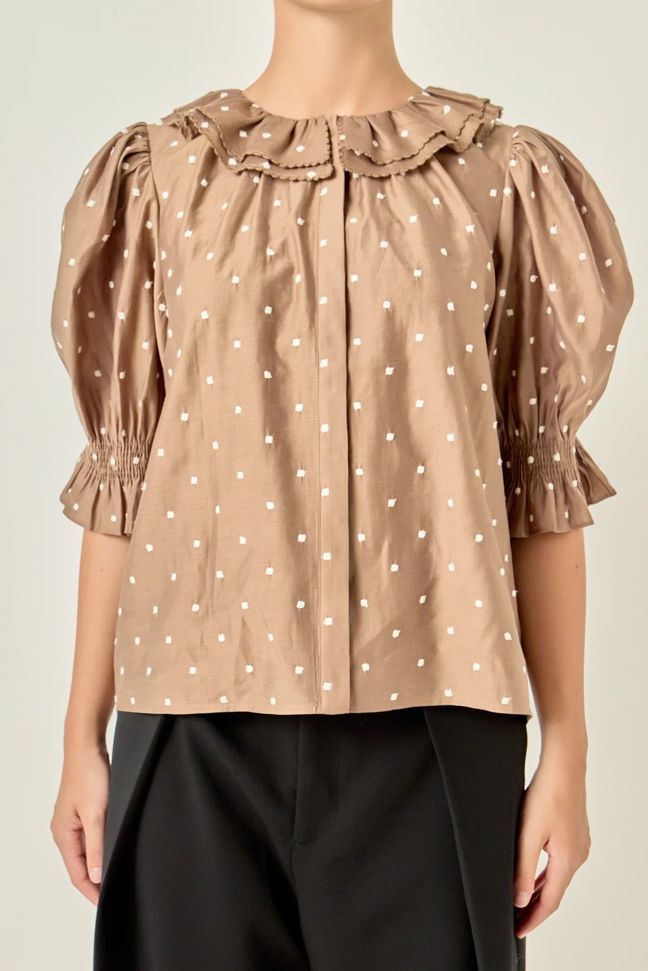 Ruffle Neck Swiss Dot Blouse - Off White/Brown
