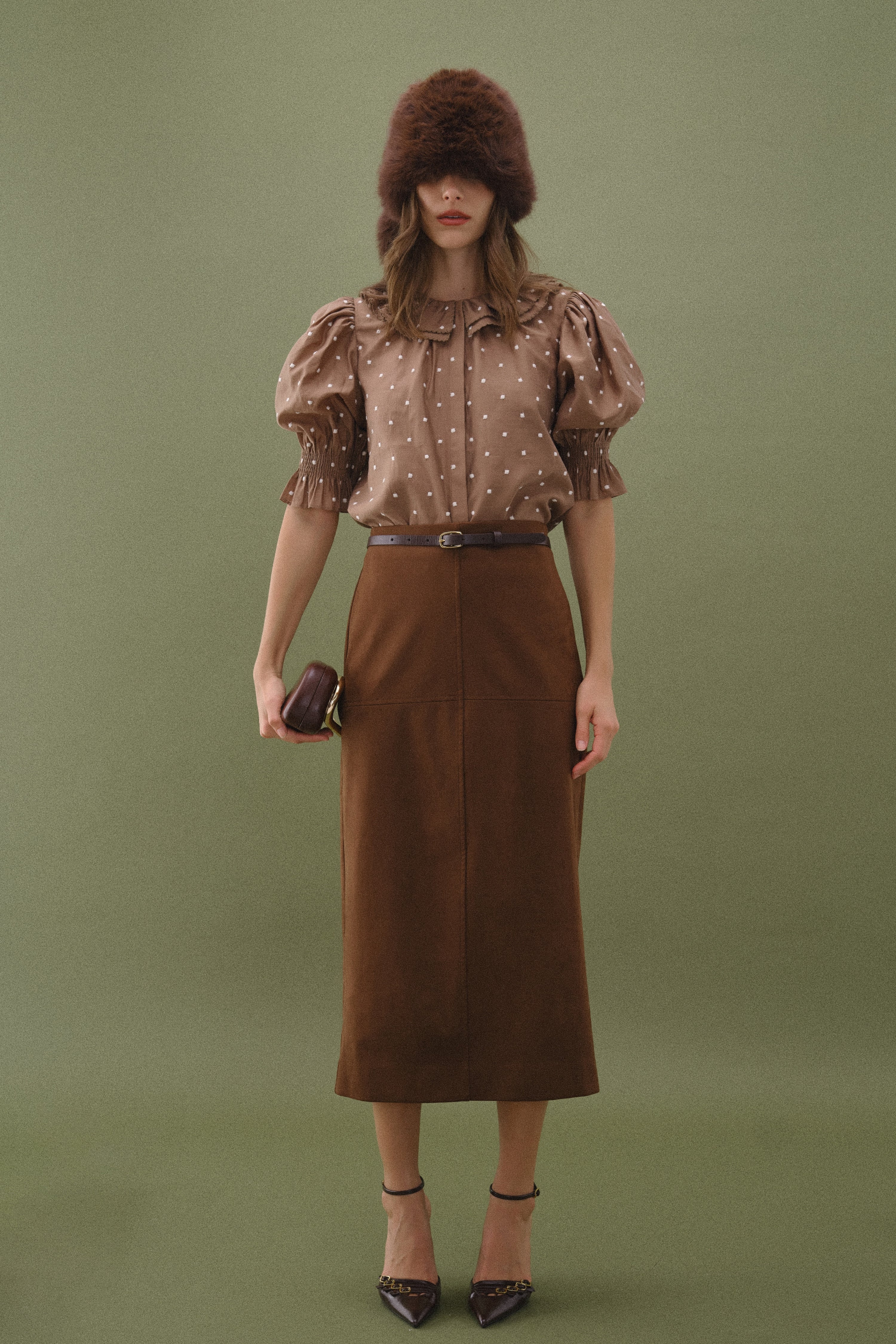 Ruffle Neck Swiss Dot Blouse - Off White/Brown