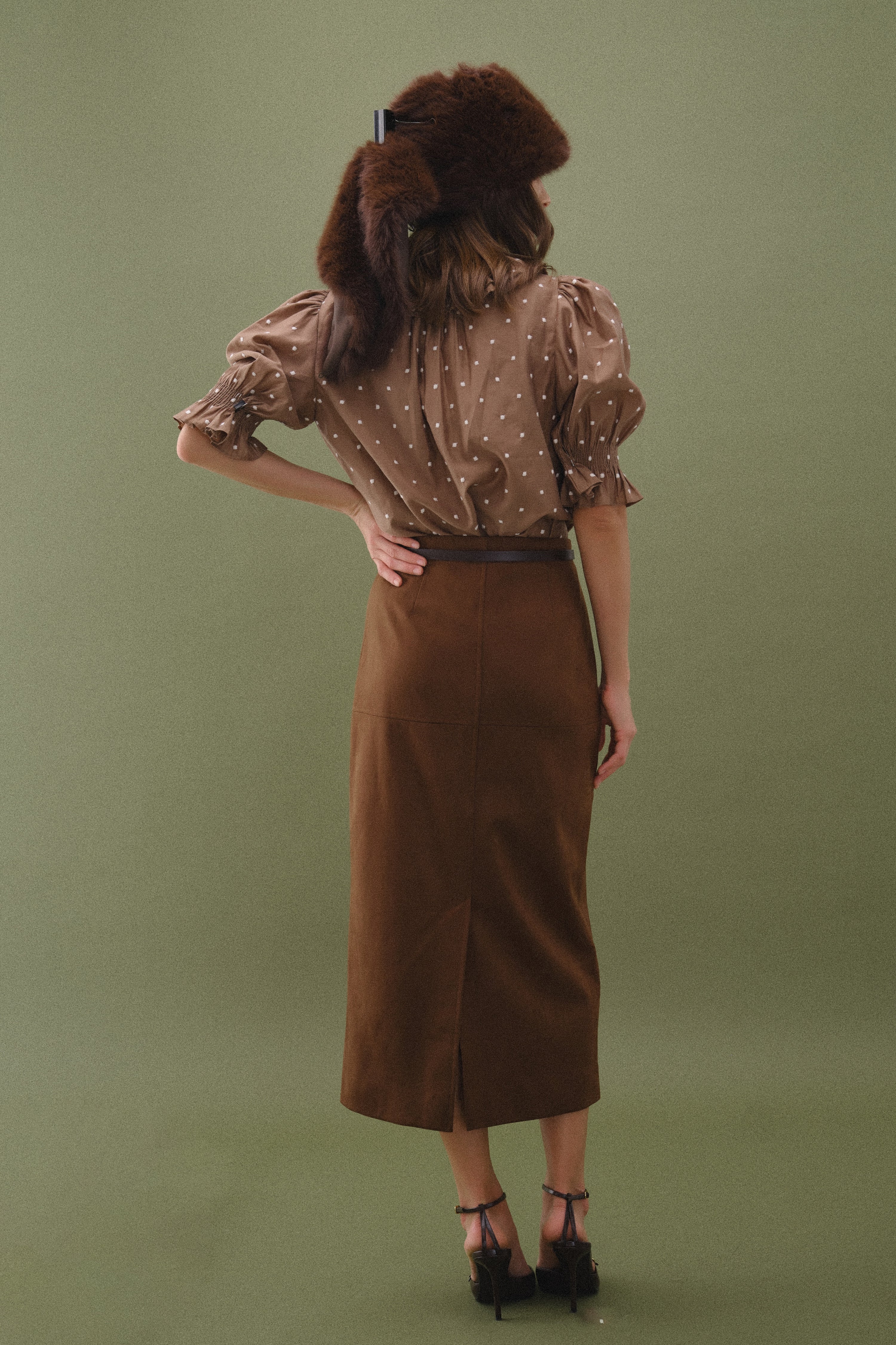 Ruffle Neck Swiss Dot Blouse - Off White/Brown