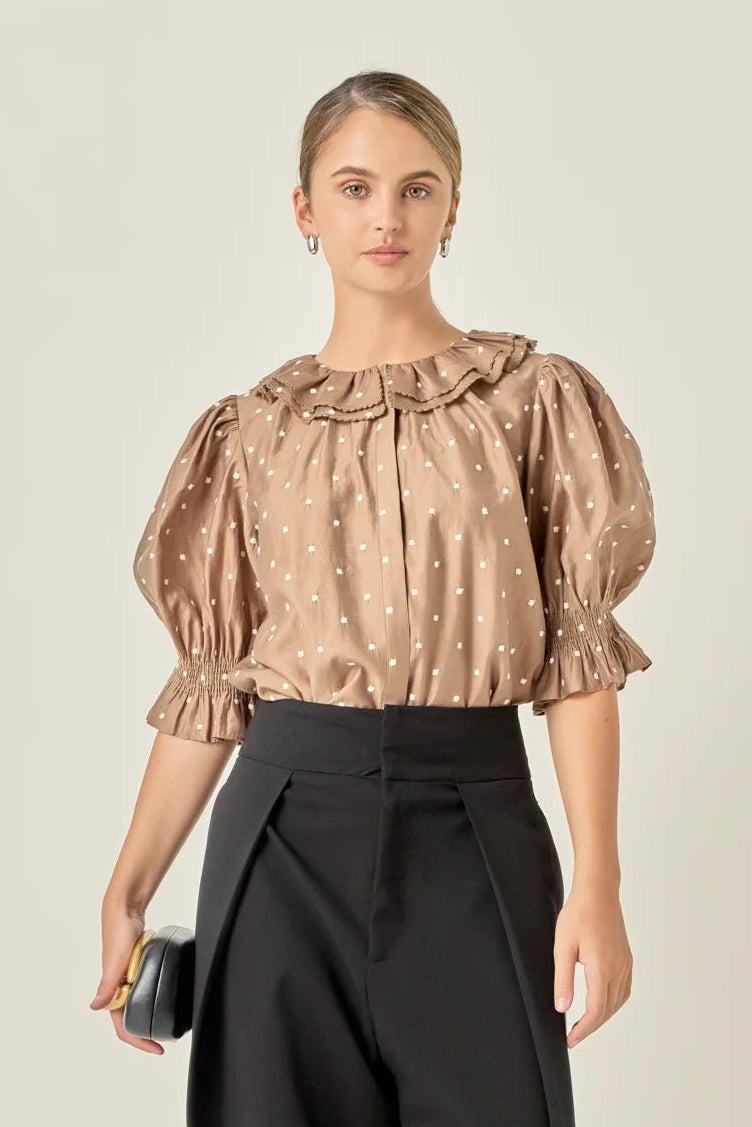 Ruffle Neck Swiss Dot Blouse - Off White/Brown