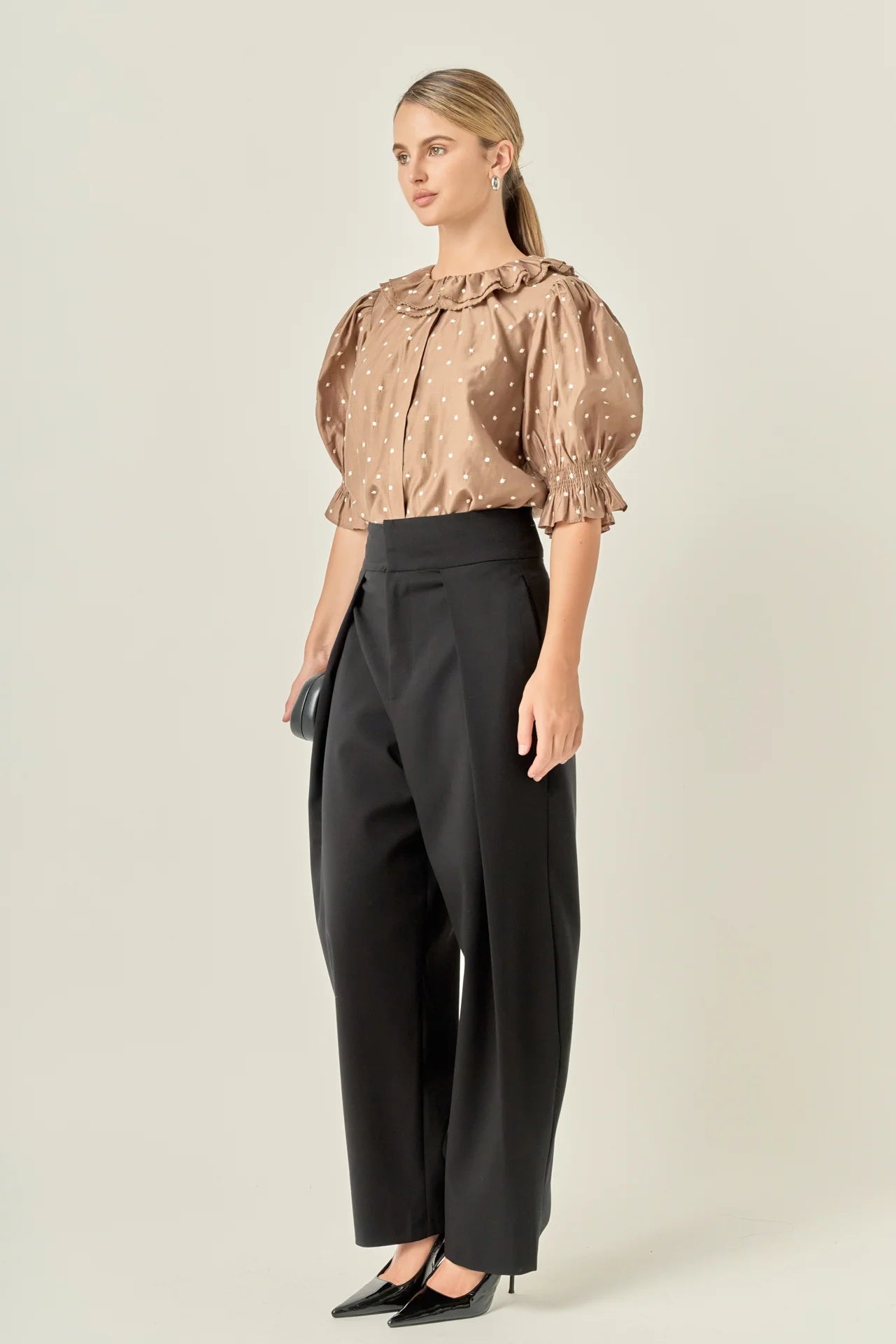 Ruffle Neck Swiss Dot Blouse - Off White/Brown