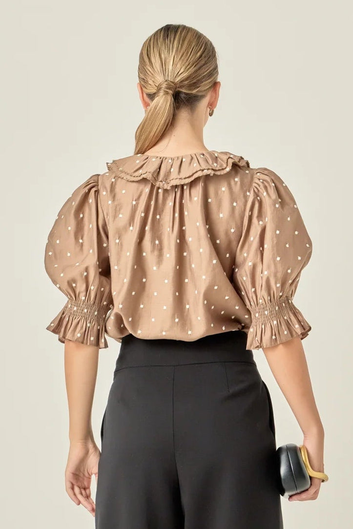 Ruffle Neck Swiss Dot Blouse - Off White/Brown