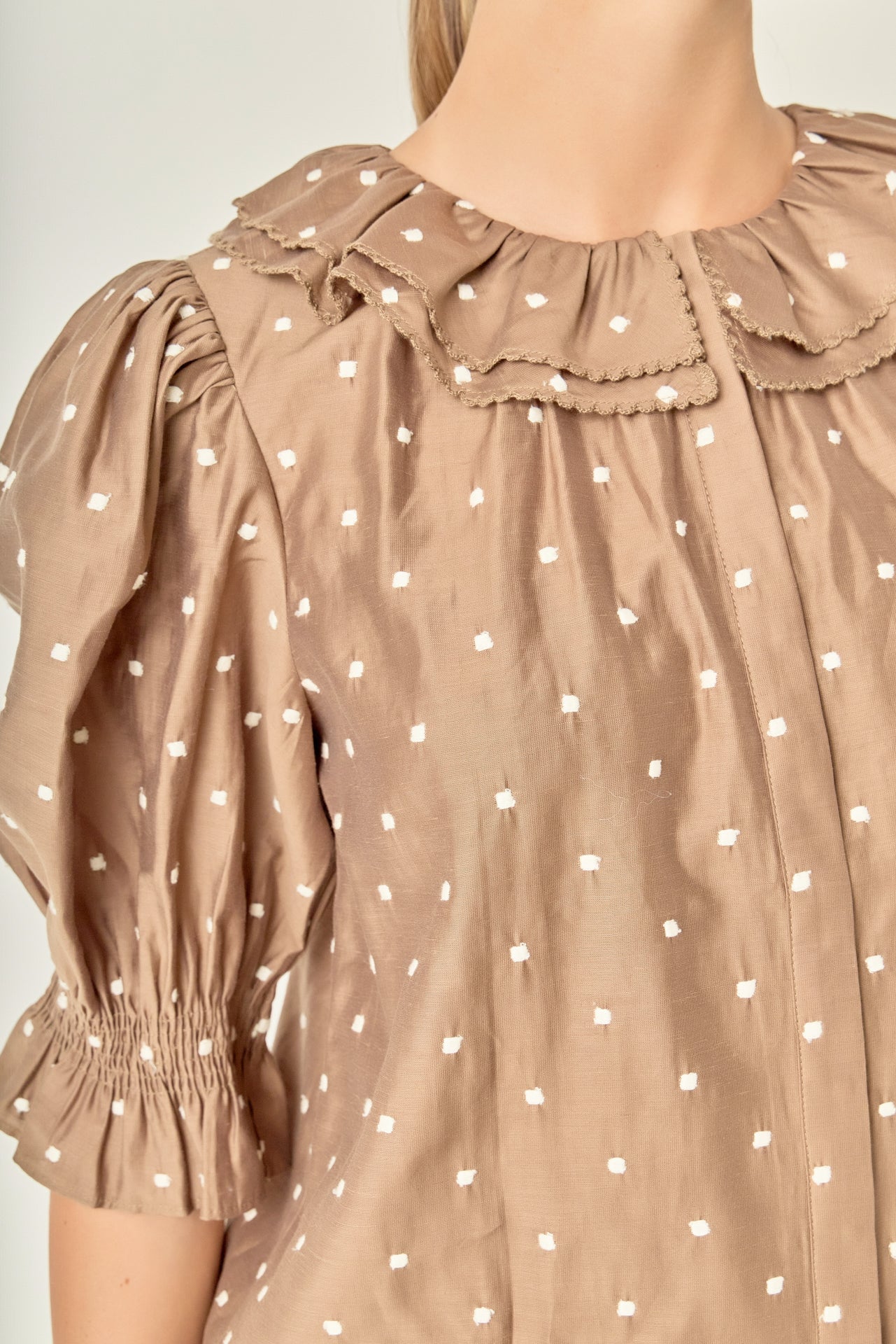 Ruffle Neck Swiss Dot Blouse - Off White/Brown
