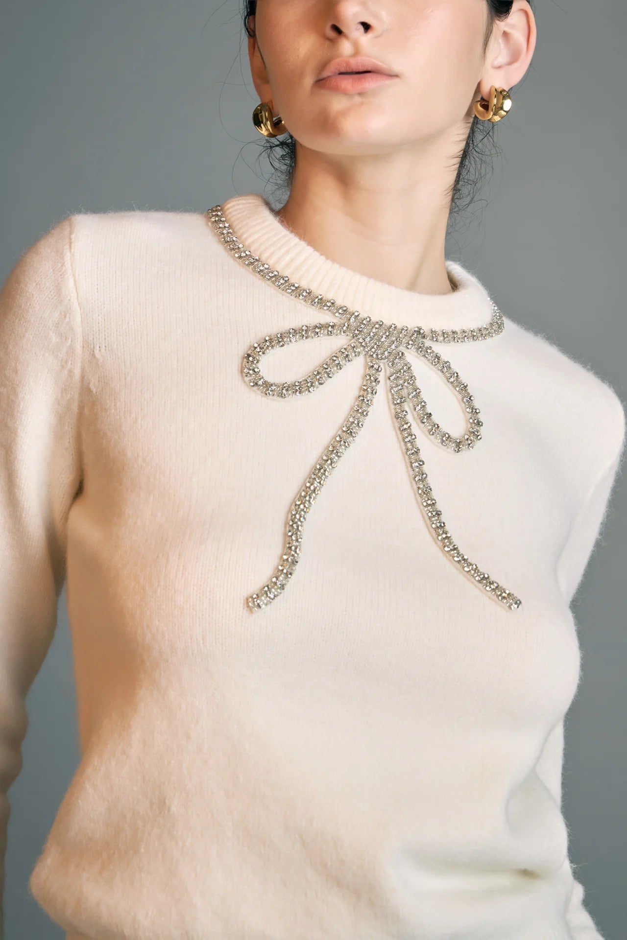 English Factory - Rhinestone Bow Knit - Off White