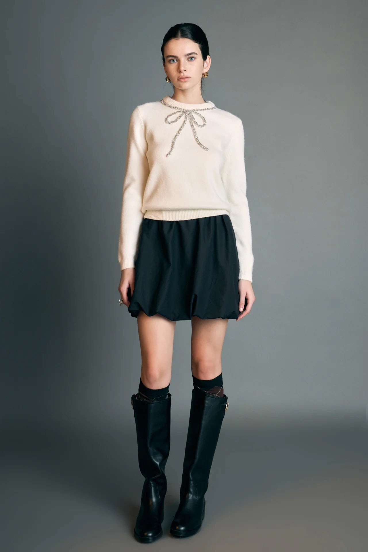 English Factory - Rhinestone Bow Knit - Off White