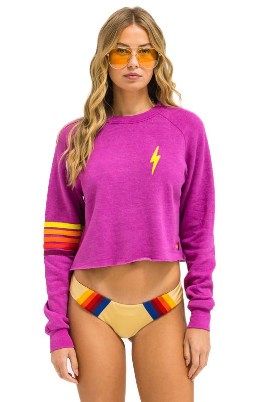 Aviator Nation - Bolt Rugby Stitch - Cropped Crew Sweatshirt - Magenta/Orange Yellow