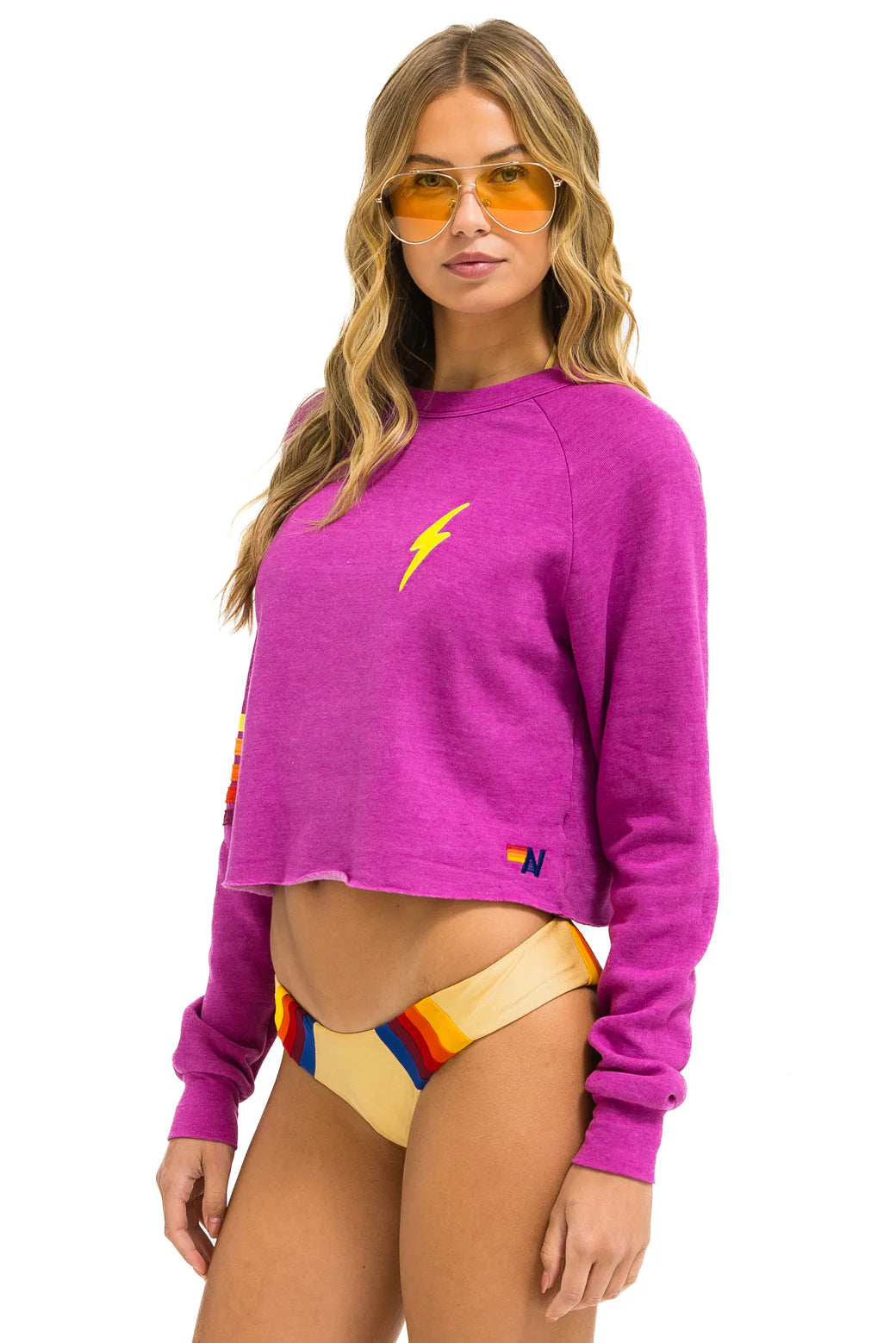 Aviator Nation - Bolt Rugby Stitch - Cropped Crew Sweatshirt - Magenta/Orange Yellow