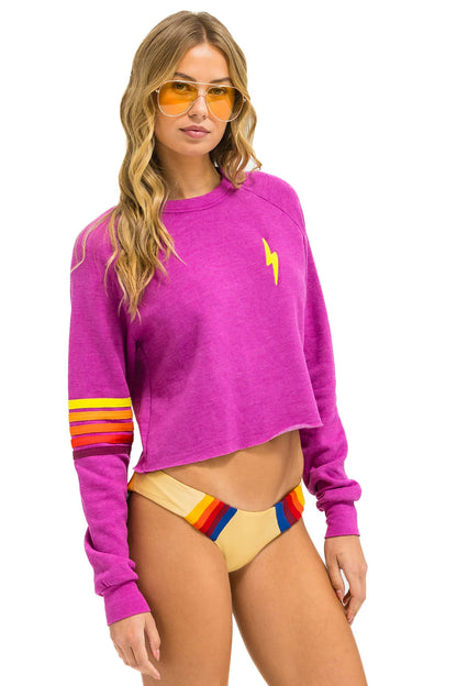 Aviator Nation - Bolt Rugby Stitch - Cropped Crew Sweatshirt - Magenta/Orange Yellow