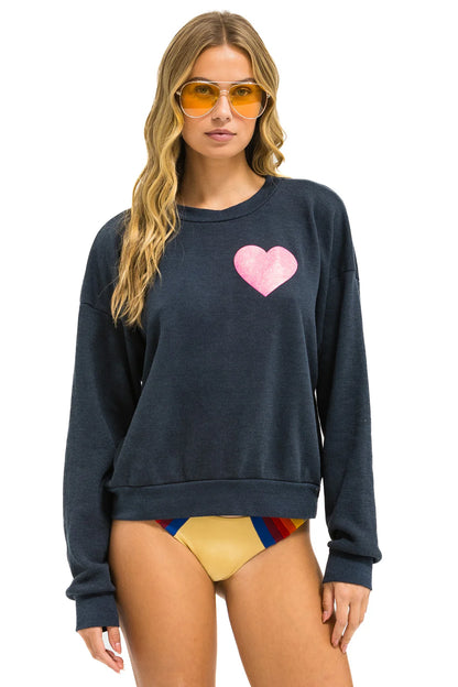 Aviator Nation - Glitter Heart Relaxed Crew Sweatshirt - Charcoal/Neon Pink