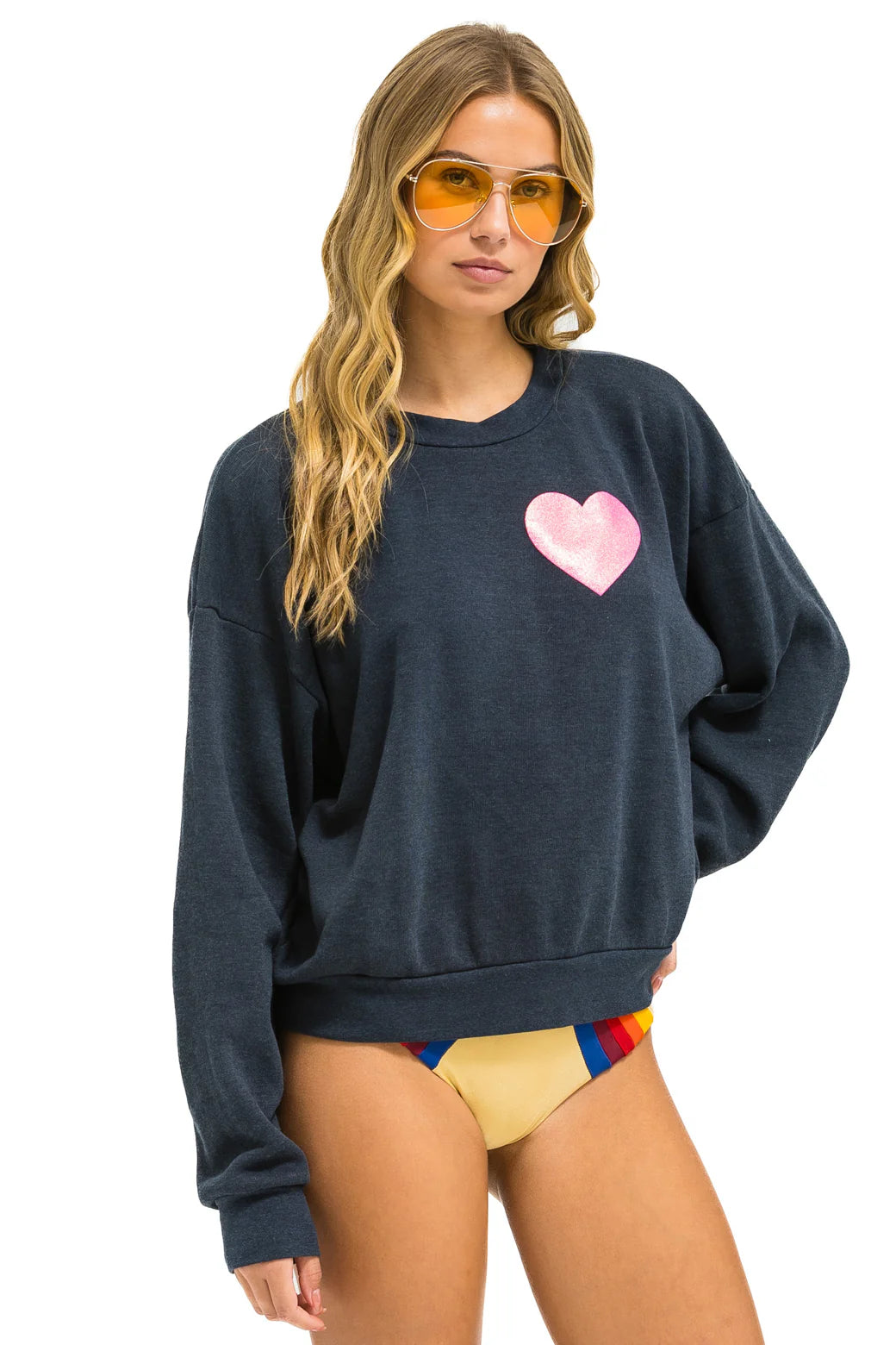 Aviator Nation - Glitter Heart Relaxed Crew Sweatshirt - Charcoal/Neon Pink