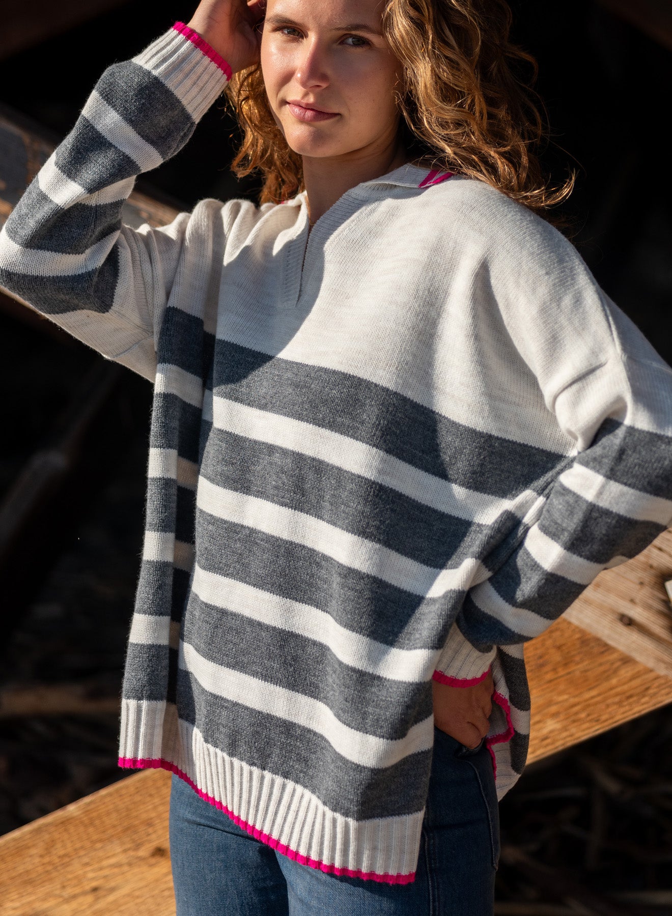 MerSea - Marina Polo Sweater - Sea Salt/Pink