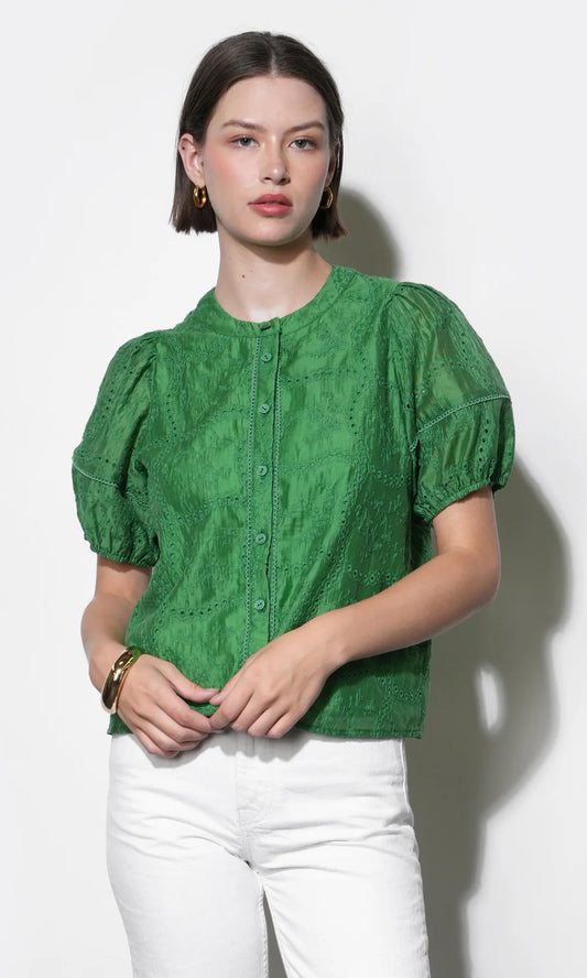 Sadie Puff Sleeve Eyelet Embroidered Blouse - Retro Green