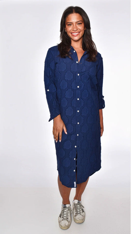 Navy Flowers Cotton Midi Dress
