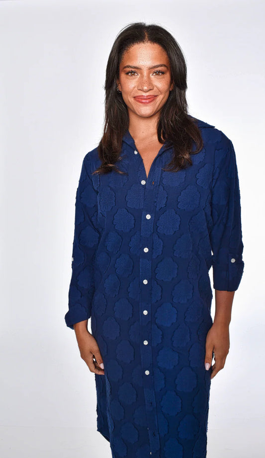 Navy Flowers Cotton Midi Dress