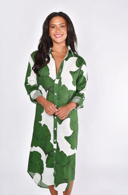 Green Leaf Ginkgo Linen Girlfriend Midi Dress