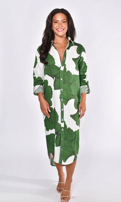 Green Leaf Ginkgo Linen Girlfriend Midi Dress