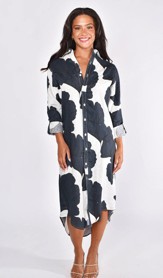 Navy Leaf Ginkgo Linen Girlfriend Midi Dress