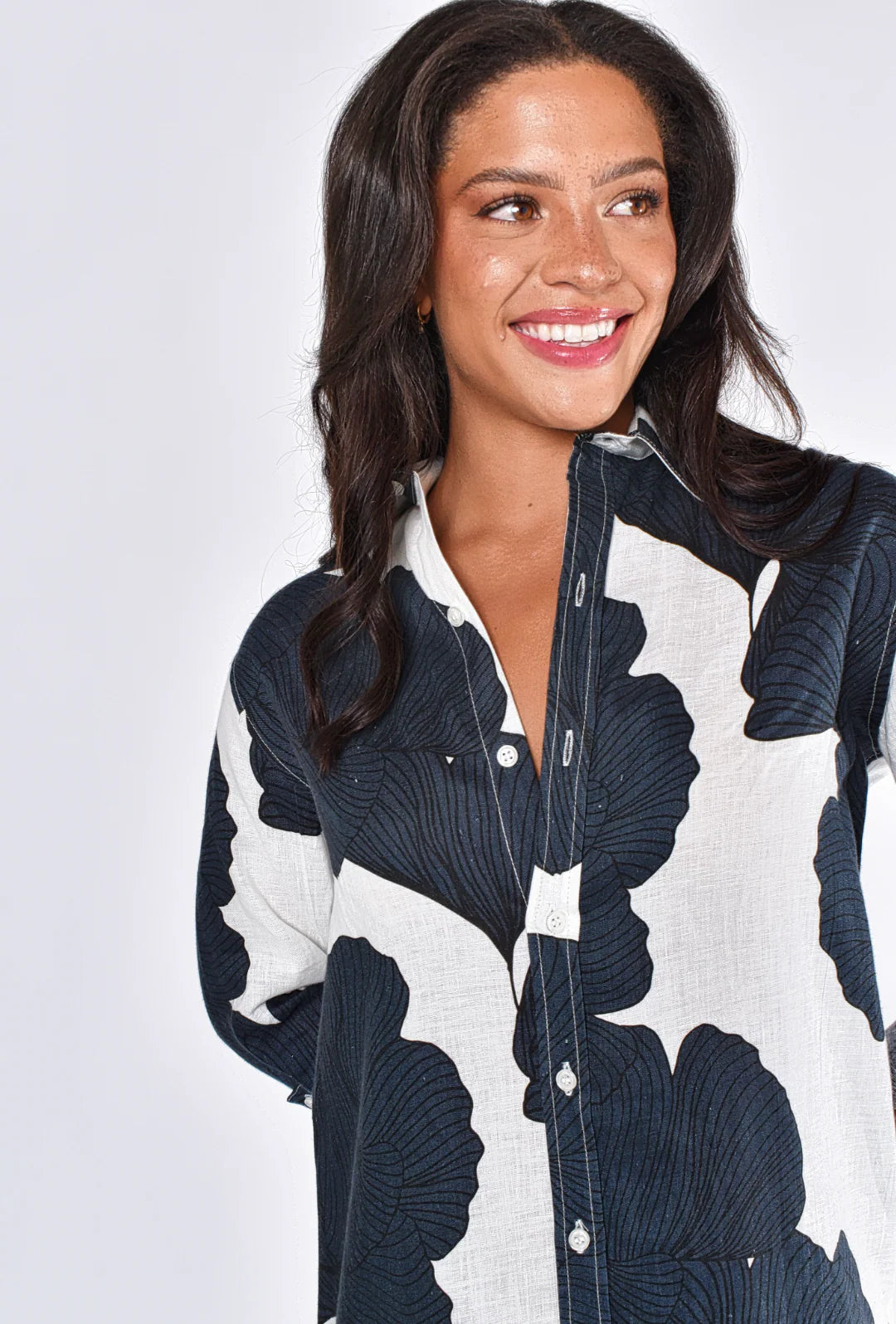 Navy Leaf Ginkgo Linen Girlfriend Midi Dress