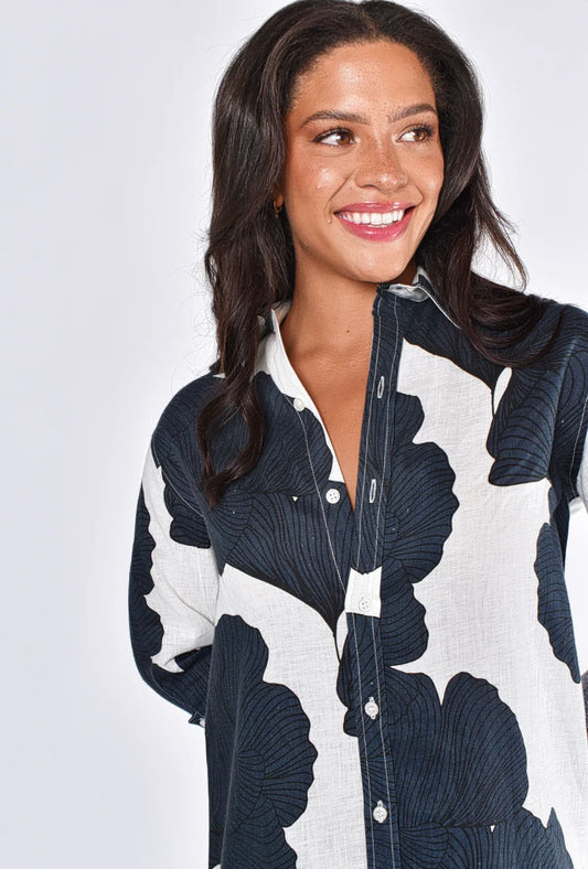 Navy Leaf Ginkgo Linen Girlfriend Midi Dress