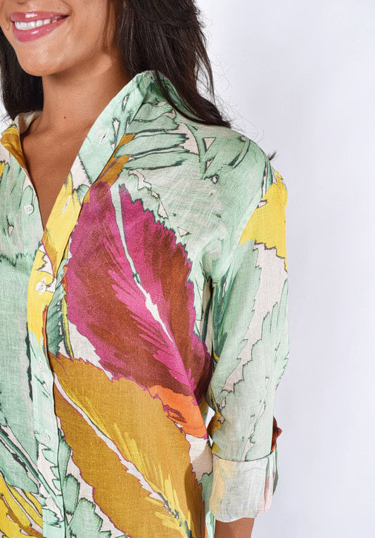 Yellow & Green Leaf Linen Girlfriend Midi Dress