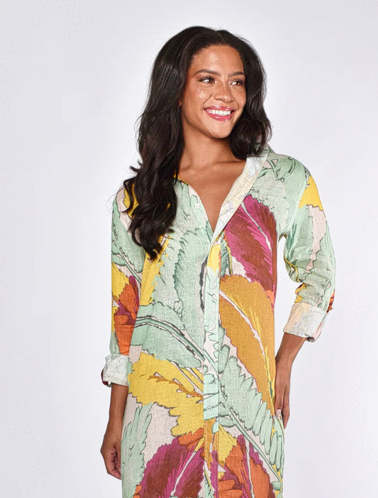 Yellow & Green Leaf Linen Girlfriend Midi Dress