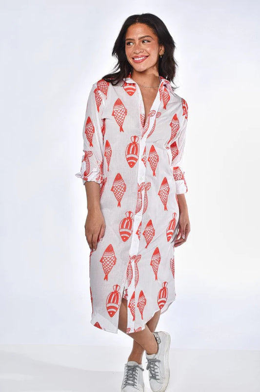 Red & White Fish Cotton Girlfriend Midi Dress