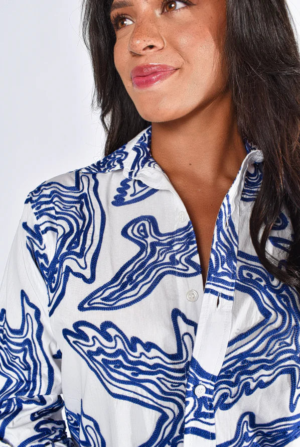 Blue & White Birds Cotton Girlfriend Midi Dress